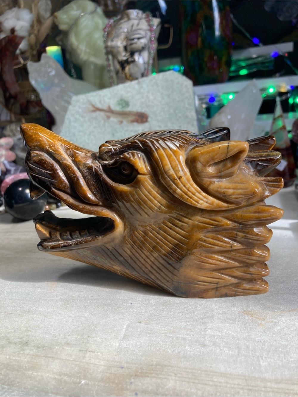 Brown Tiger Eye Wolf Head Sculpture — Hand-Carved Home Art